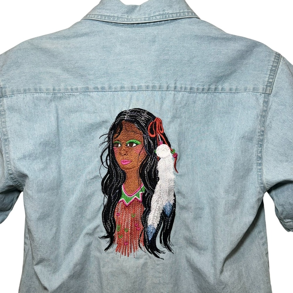 Vintage Y2K Jerzees Embroidered Denim Shirt Native Amer Woman‎ Mens S Chest 40
